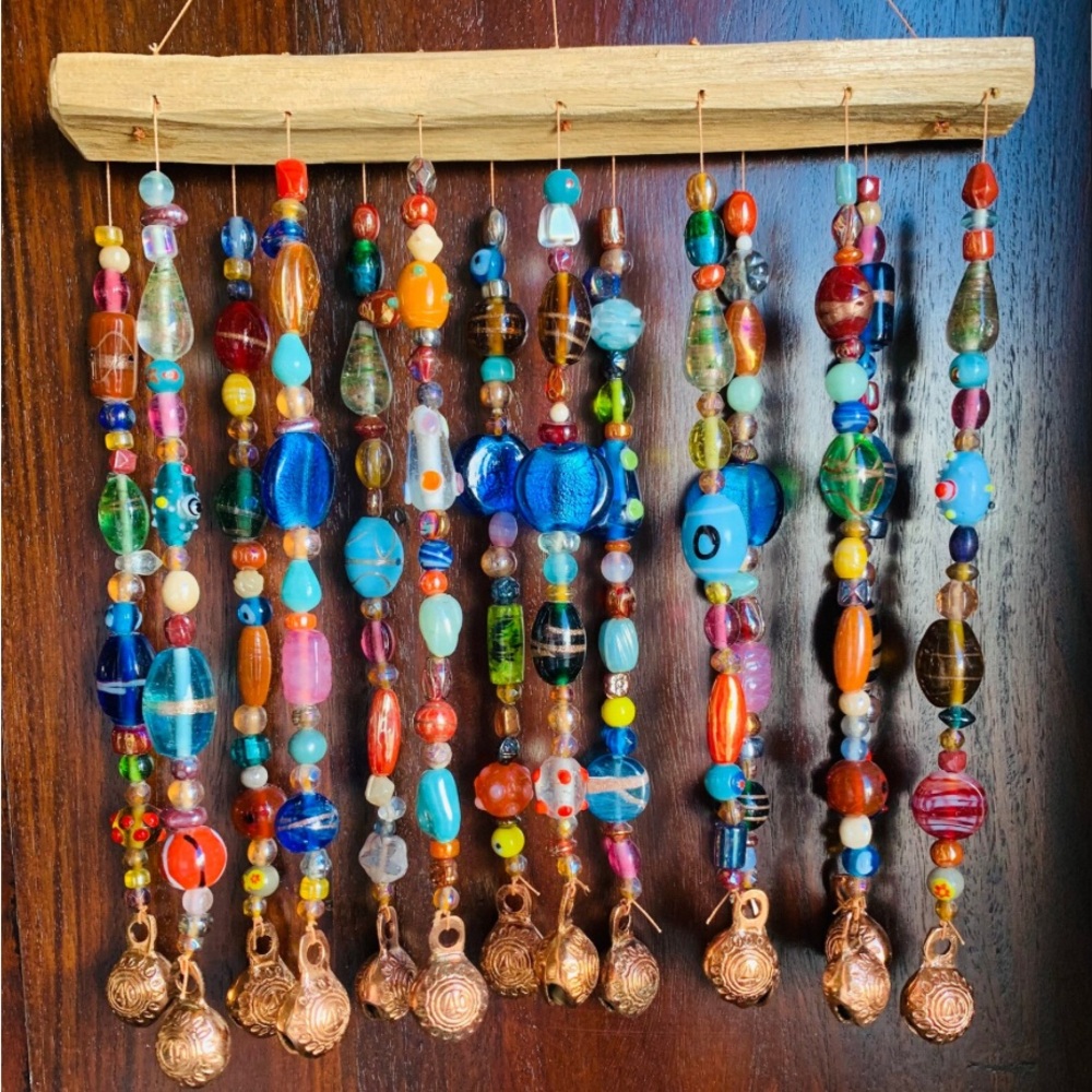 Glass Beads & Bells Wind Chime Sun Catcher Mobile With Driftwood Made To Order